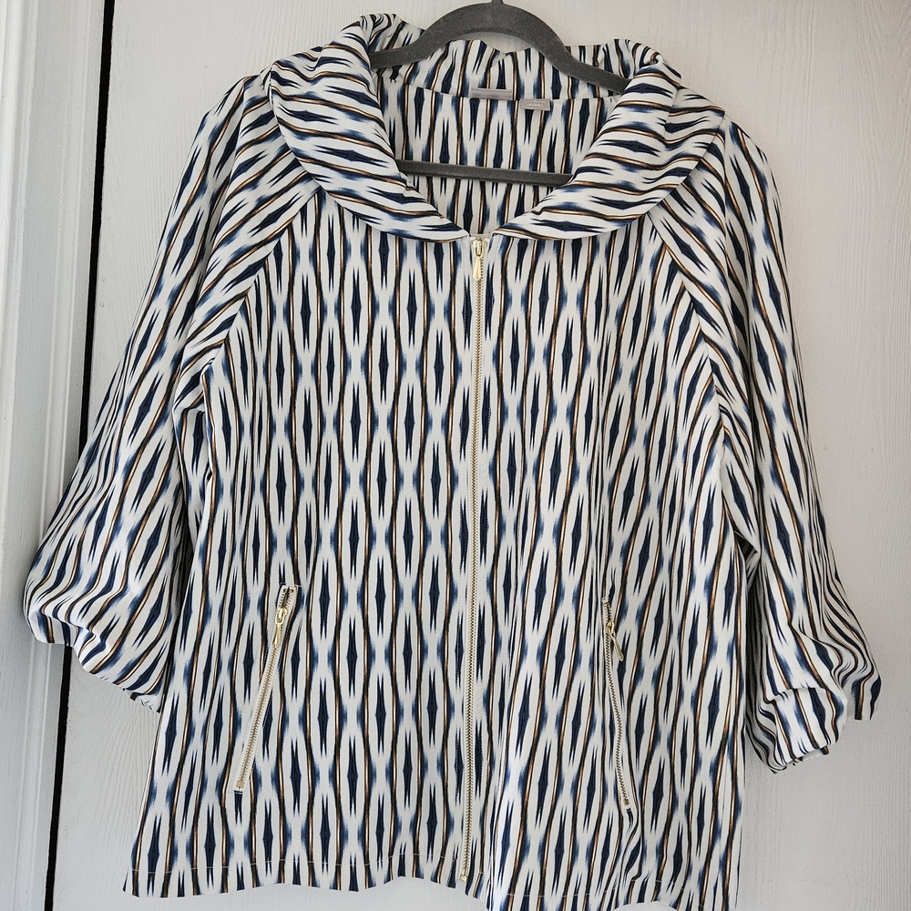 Chico's Navy, White & Gold Patterned Zip-Front Jacket